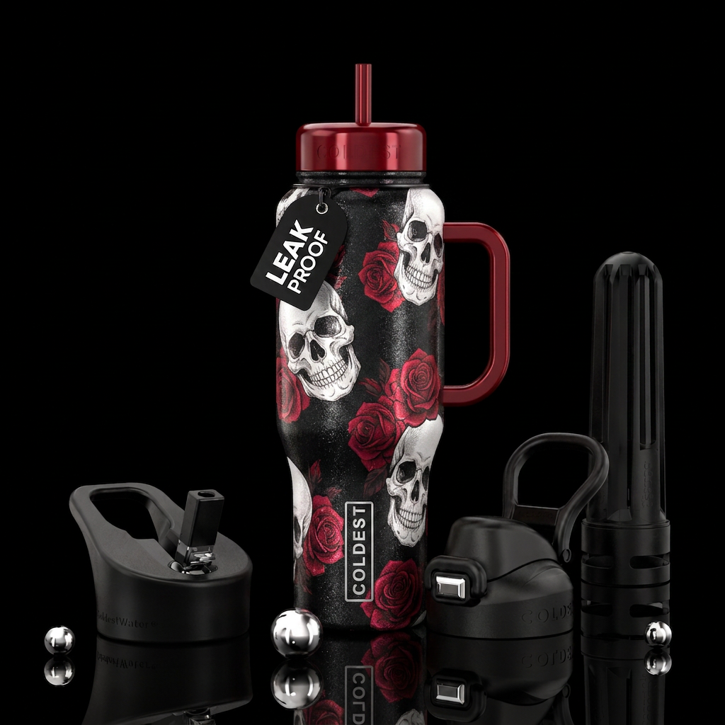 Black shimmer, red roses, white skulls, shiny,, dr... water bottle design