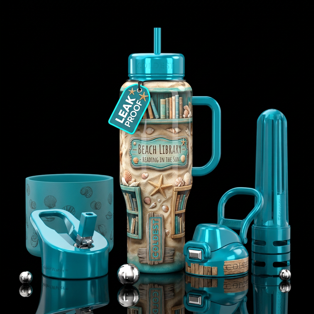 Beach library,  shalls, starfish, sign, shiny water bottle design