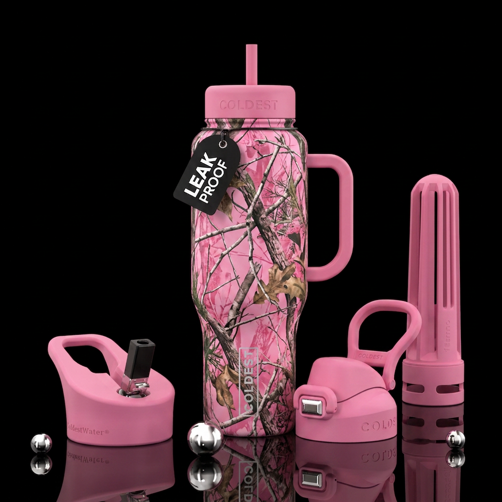 Pink camouflage, sticks, leaves water bottle design