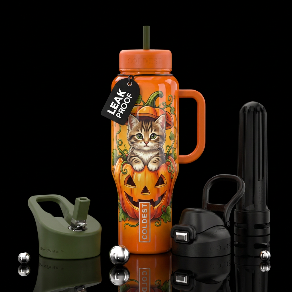 Unique, A Pumpkin, vines, kitten , shiny, water bottle design