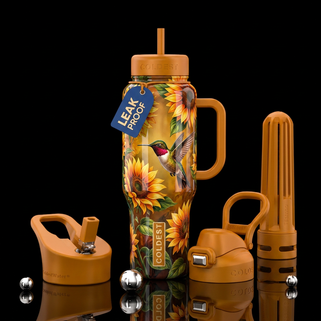A Sunflower,  Hummingbird, shiny water bottle design