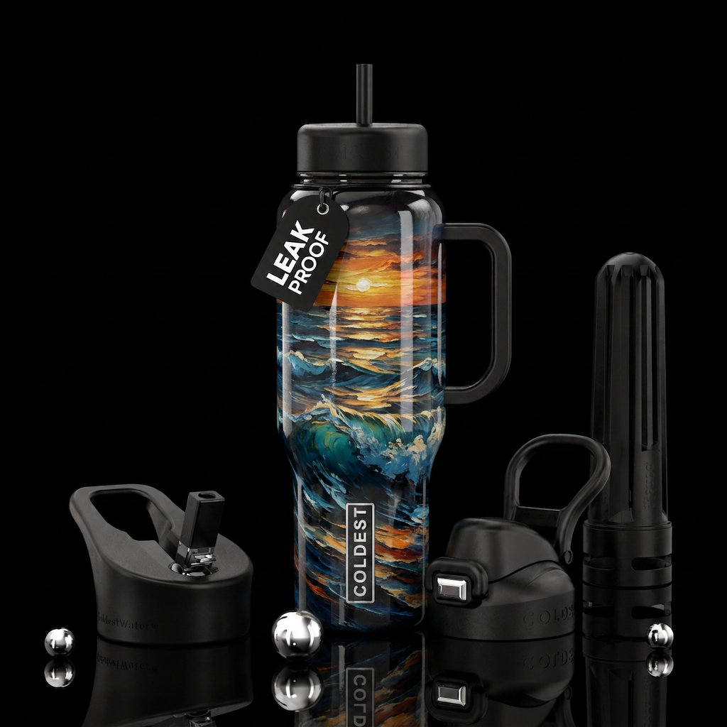 Waves & Sunsets,, abstract, oil painted, shiny water bottle design