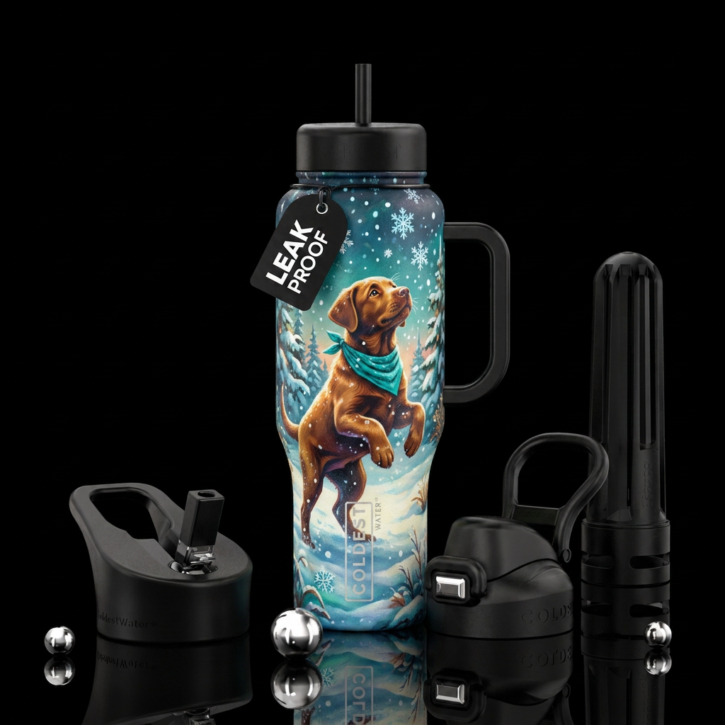 It's snowing , dog playing with snowflakes, shiny water bottle design
