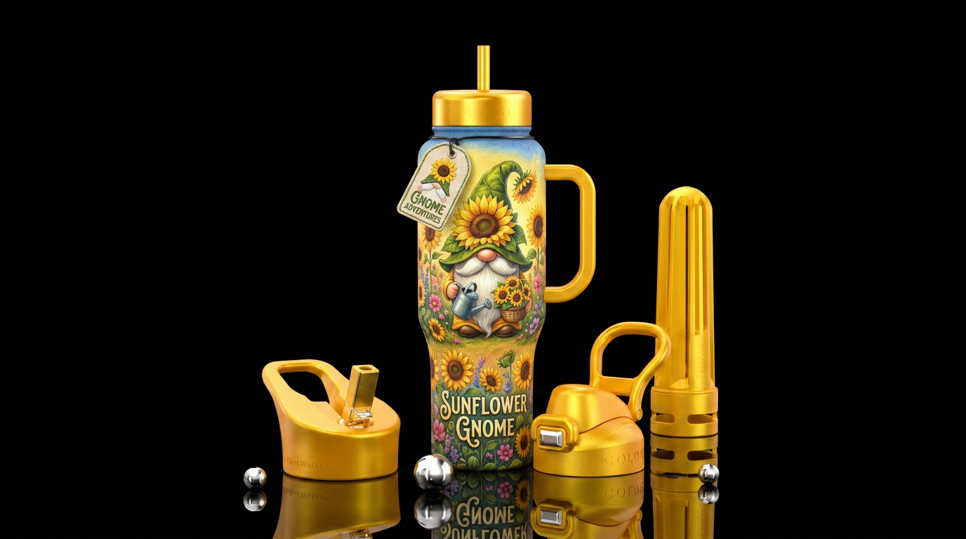 Sunflower gnome, shiny water bottle design