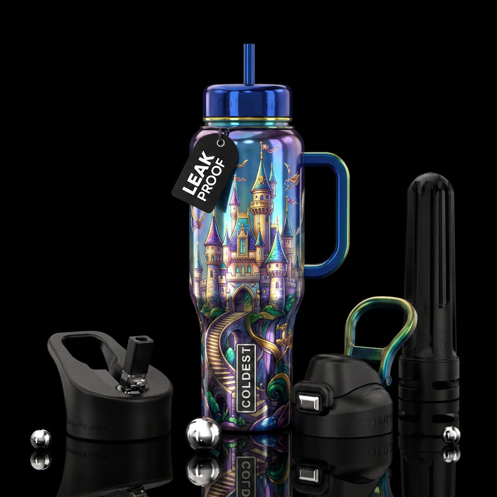 Whimsical magical castle,  shiny water bottle design