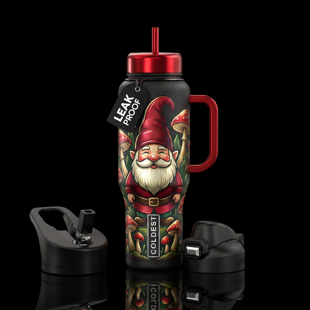 A gnome & mushrooms,  shiny water bottle design