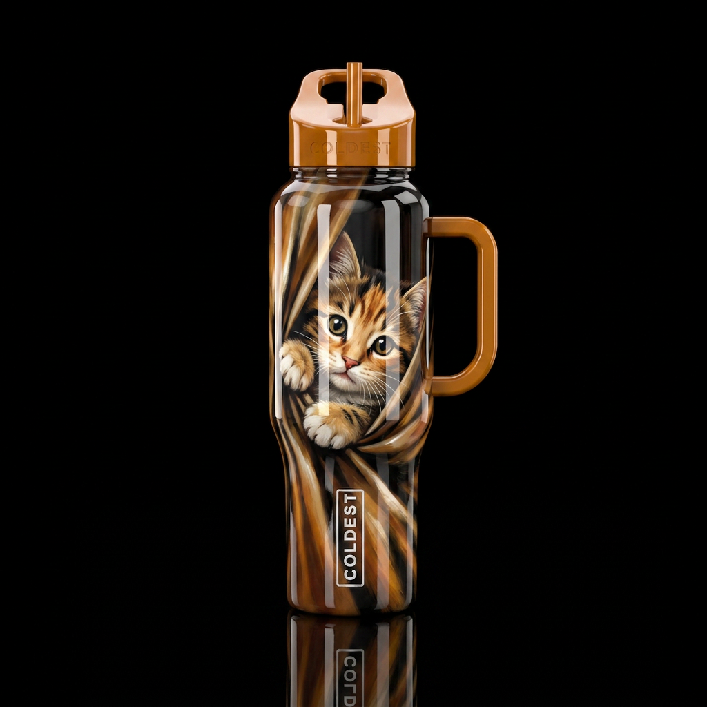 Peek a boo kitten, shiny water bottle design