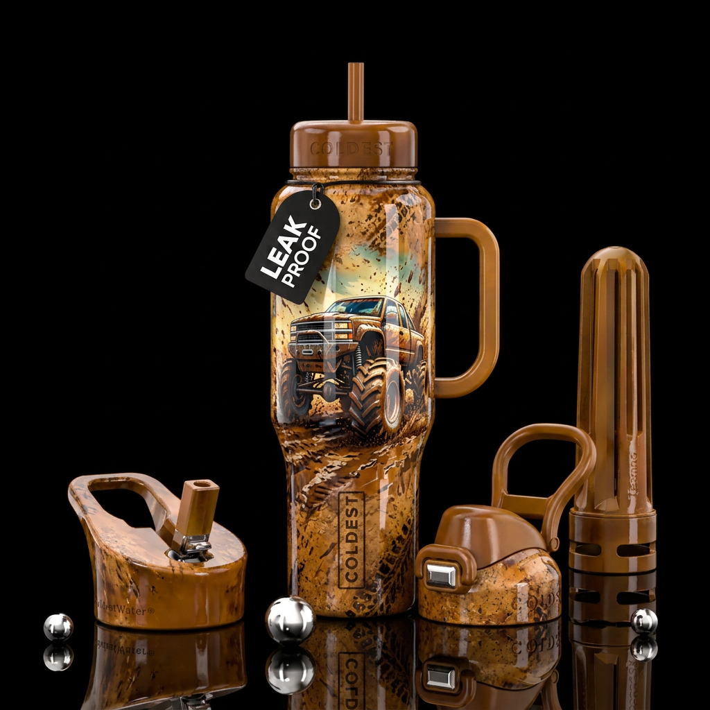 Mud trucking, shiny water bottle design