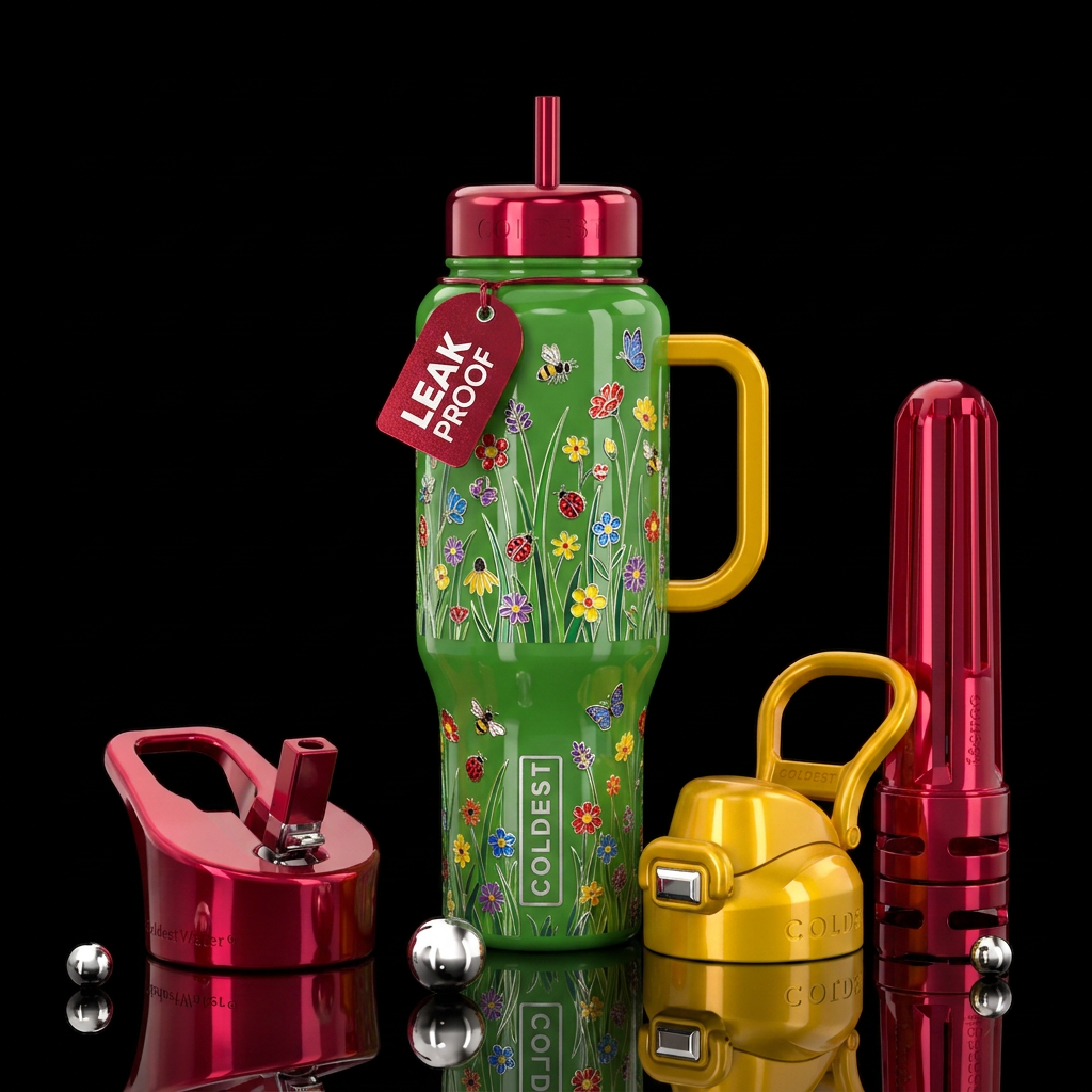 Bee, Ladybug & Butterfly, Grass & Floral, Shiny water bottle design