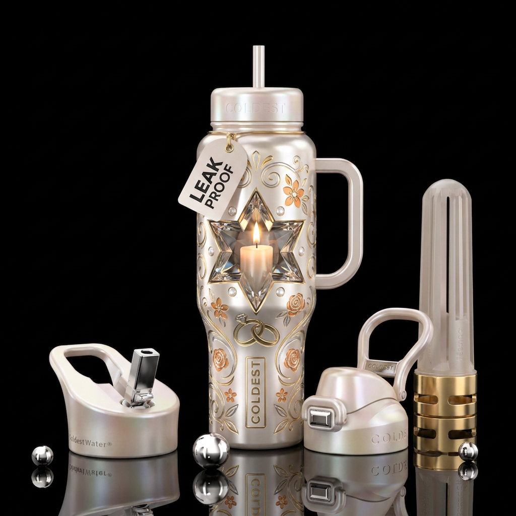 Glass star w/a candle burning,  Wedding, shiny water bottle design