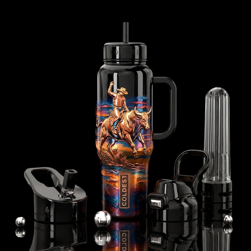 A Bullrider & Bull, Rodeo, shiny water bottle design