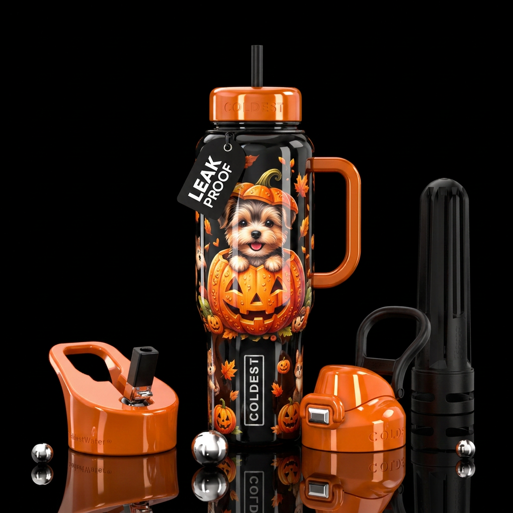 Dog in a pumpkin,  cute, shiny water bottle design