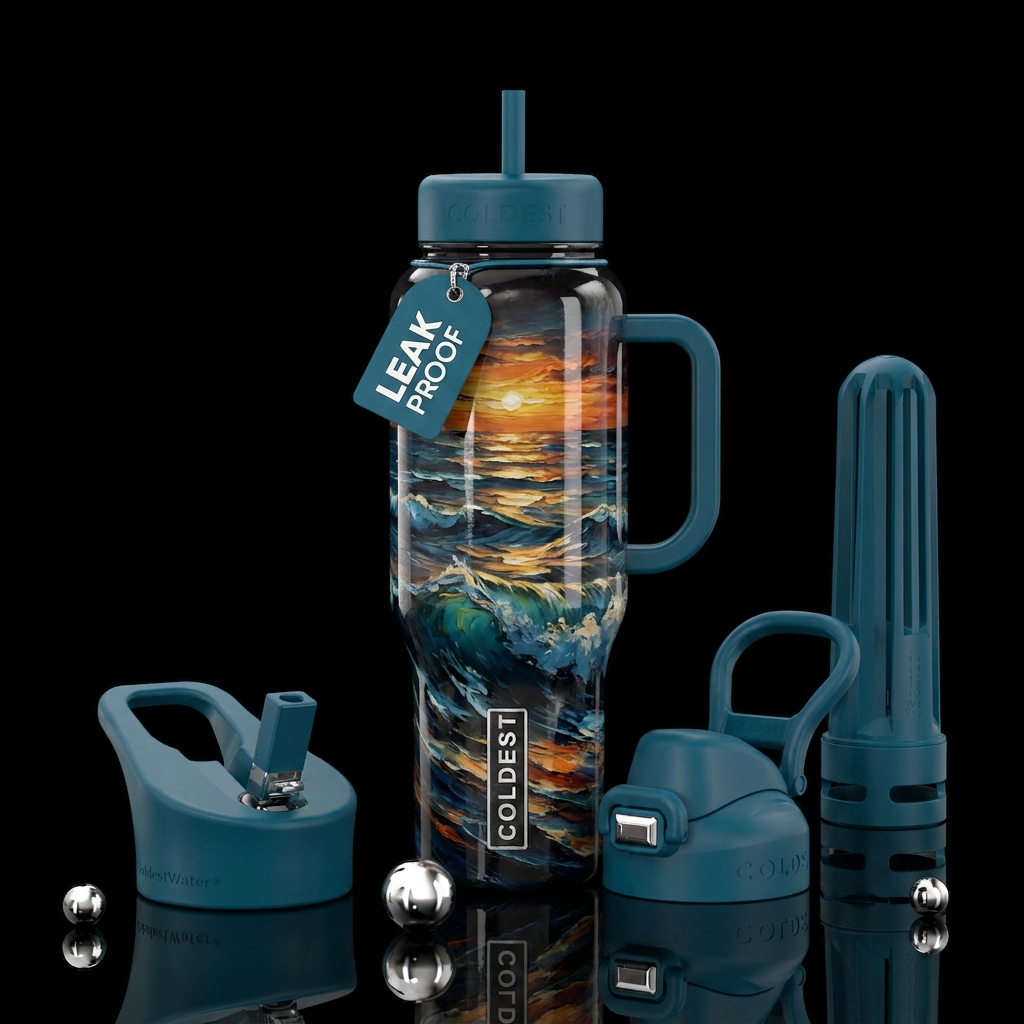 Waves & Sunsets,, abstract, oil painted, shiny water bottle design