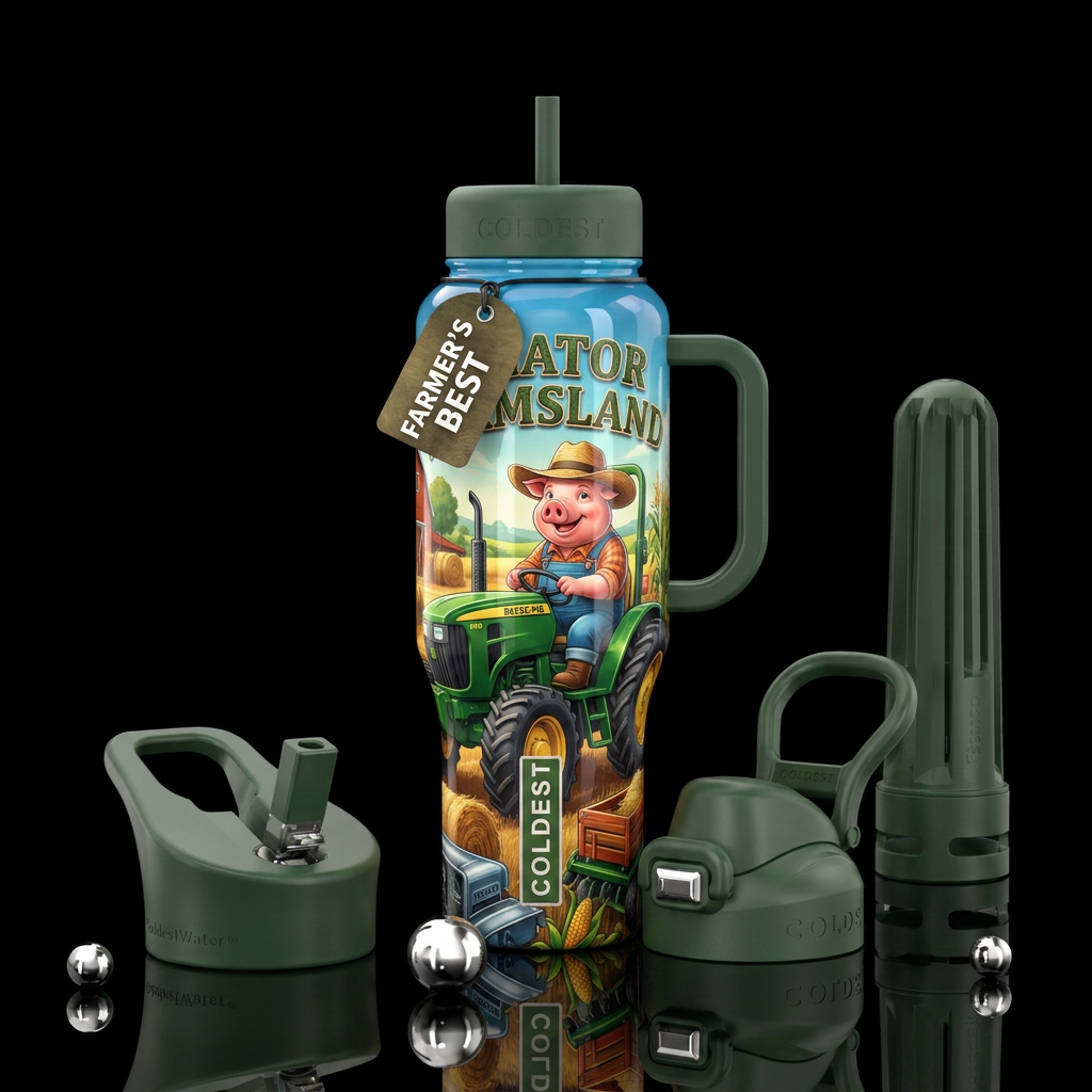 Farmer Pig, straw hat, green tractor,  shiny water bottle design