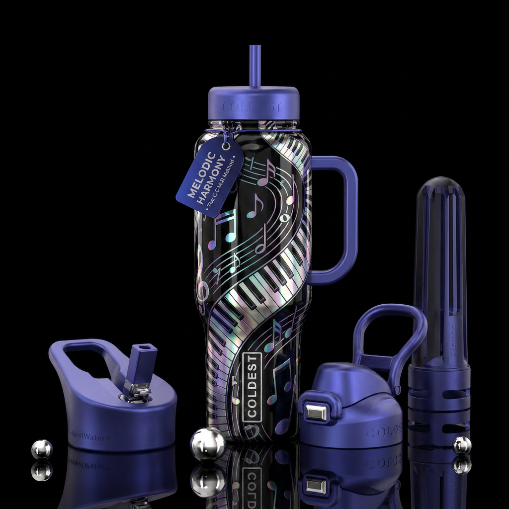 Piano, music notes, shiny water bottle design
