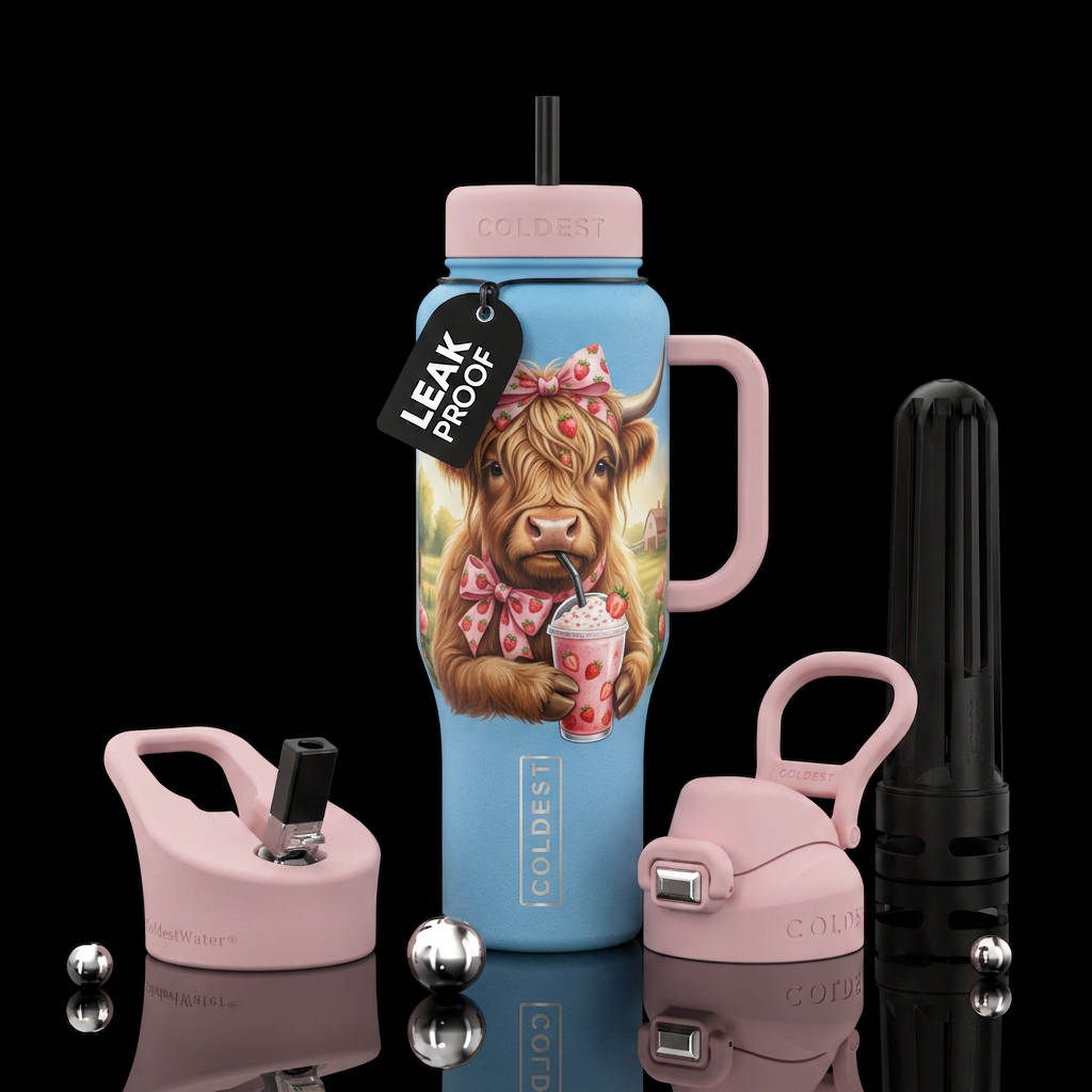 Highland cow, pink strawberry bow & drink.  Summer water bottle design