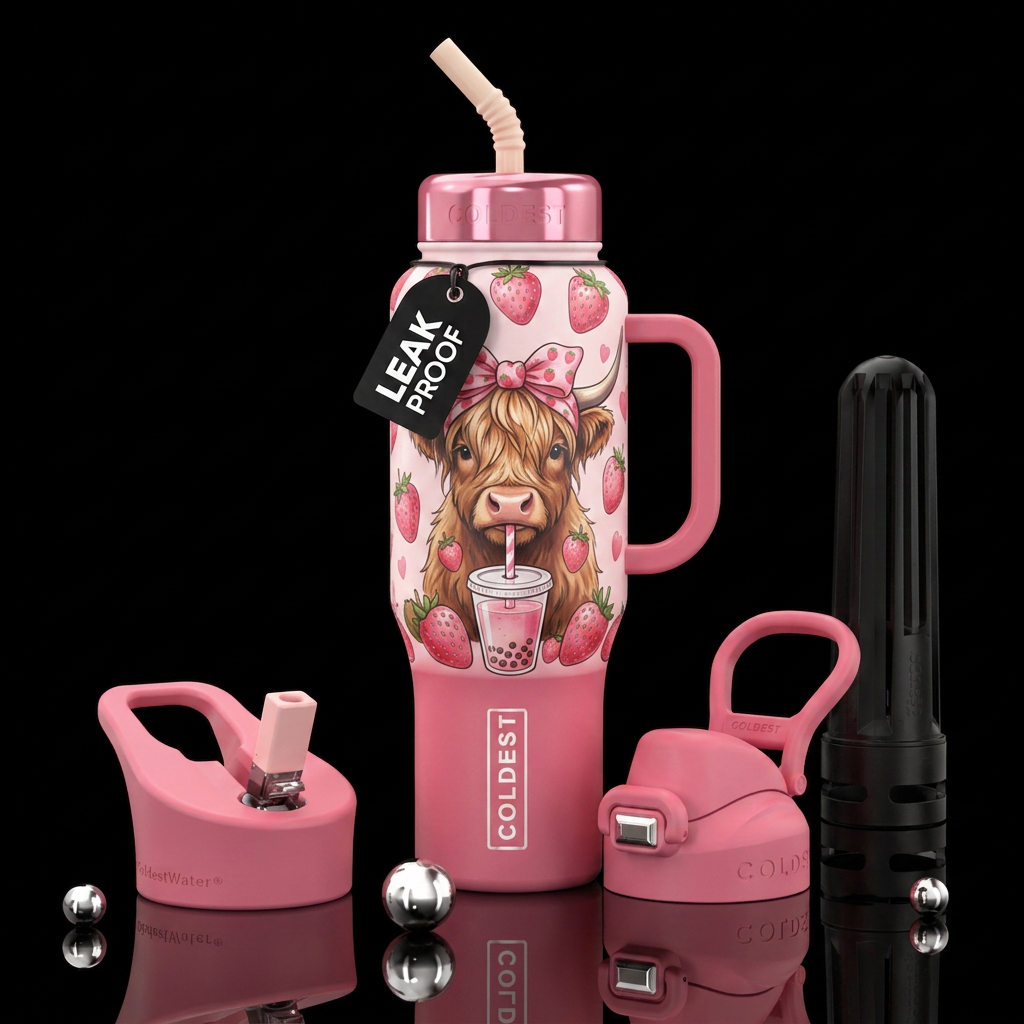 Highland cow, pink strawberry bow & drink.  Summer water bottle design