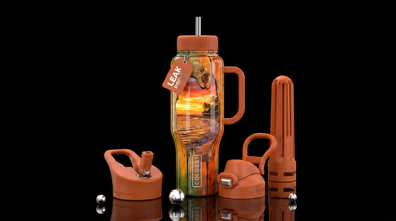 wooden fence, hole, the beach, water, sunset water bottle design
