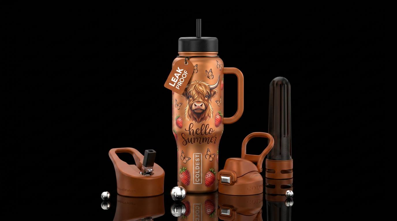 Highland Cow,  butterflies, strawberries,  hello S... water bottle design