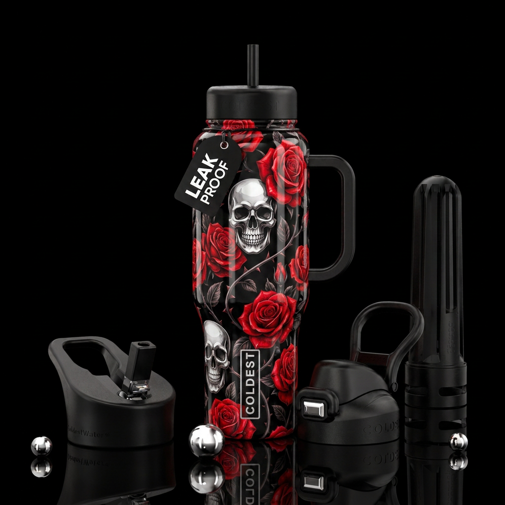 Vibrant red roses on black, Skulls, shiny, bright water bottle design