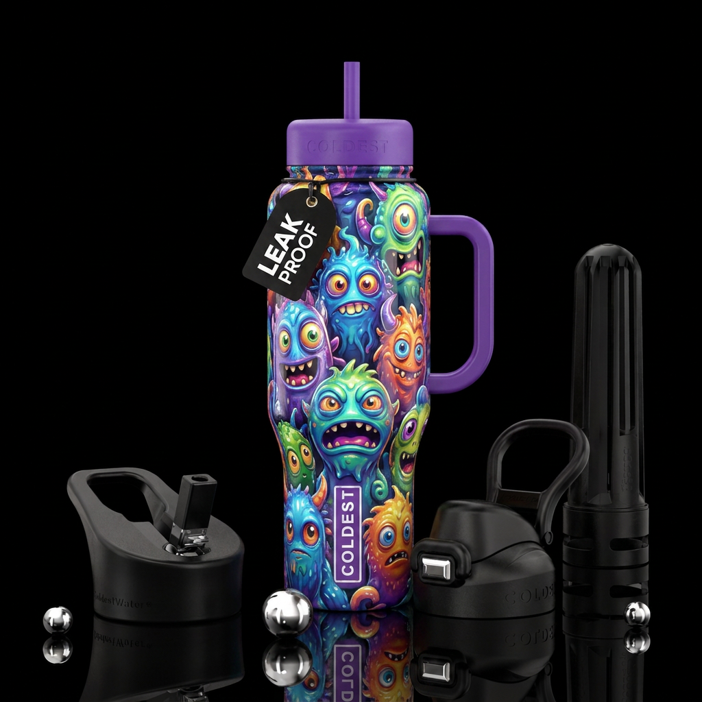 Monsters, shiny water bottle design