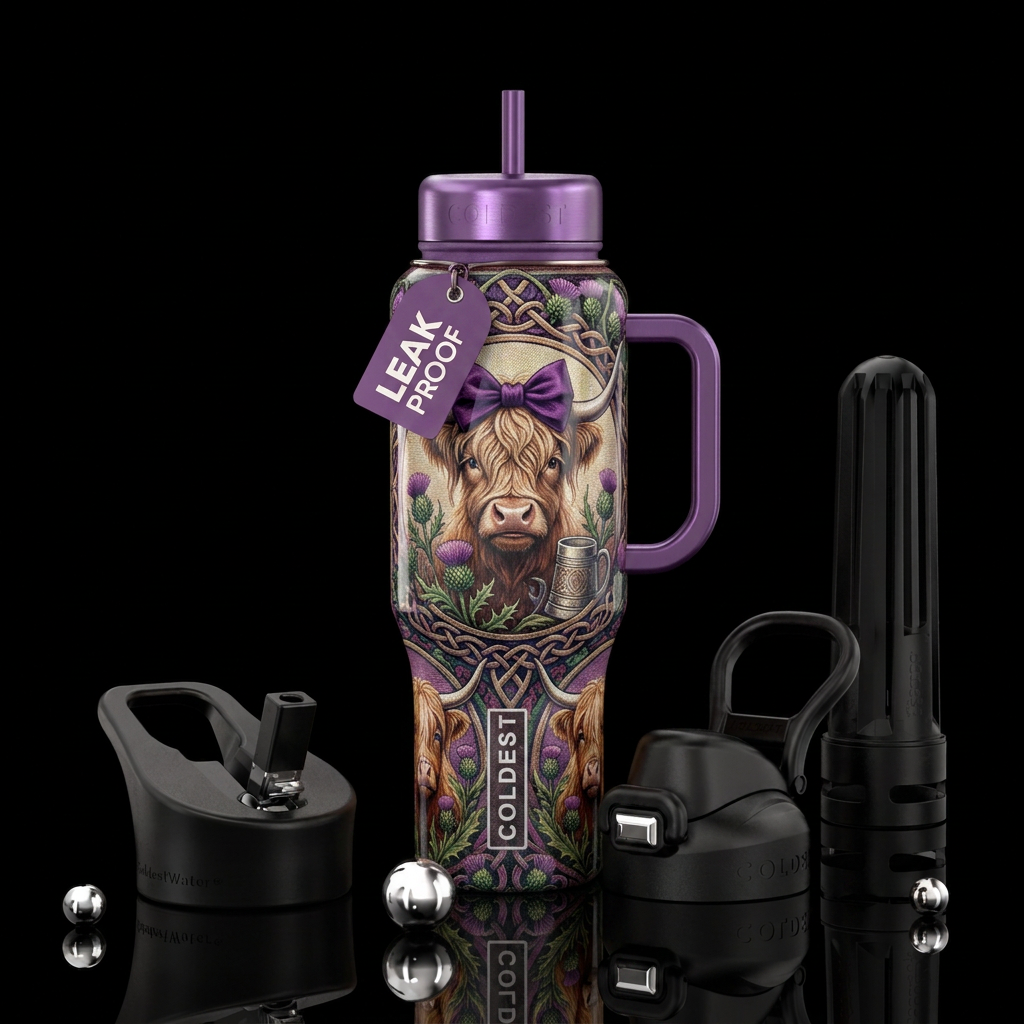 Highland cow, purple bow, drink, shiny water bottle design