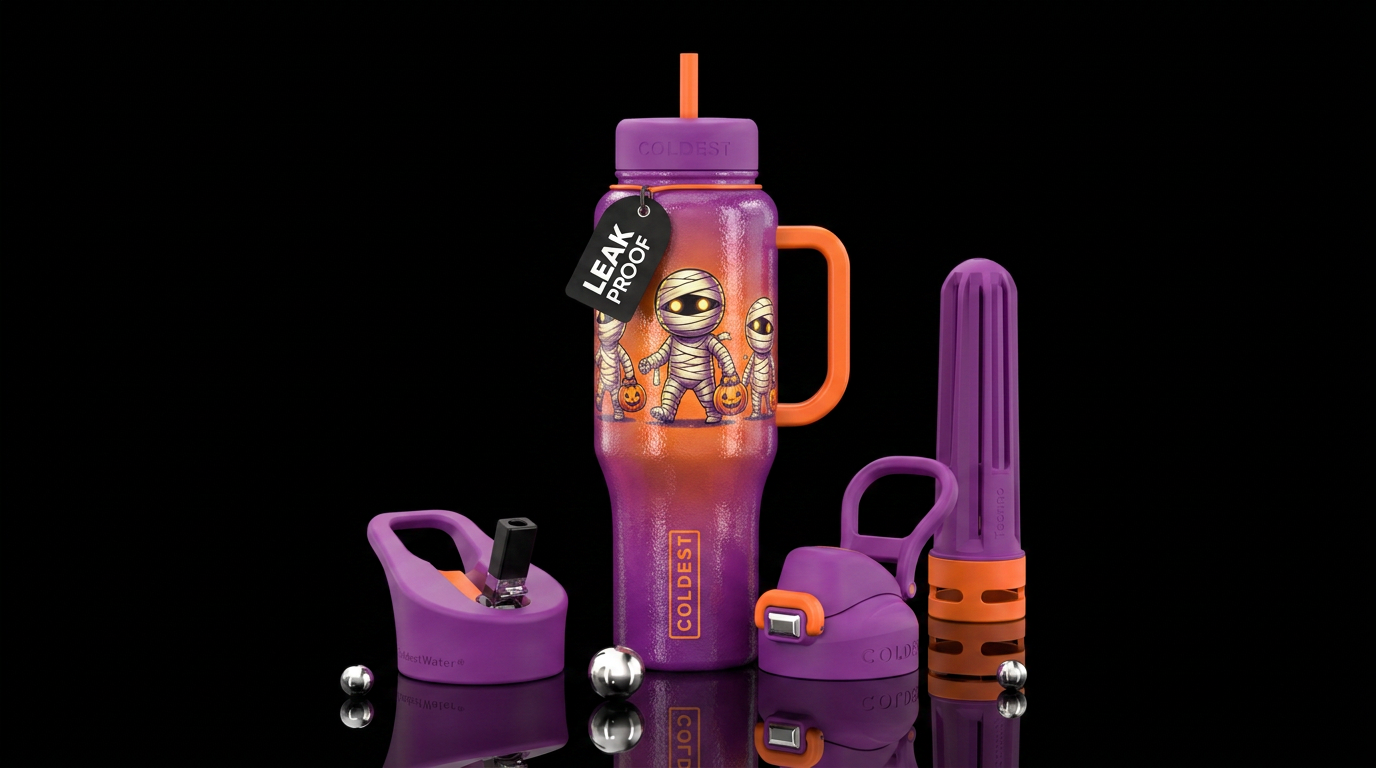 A few Little glowie mummies carrying pumpkins,  te... water bottle design