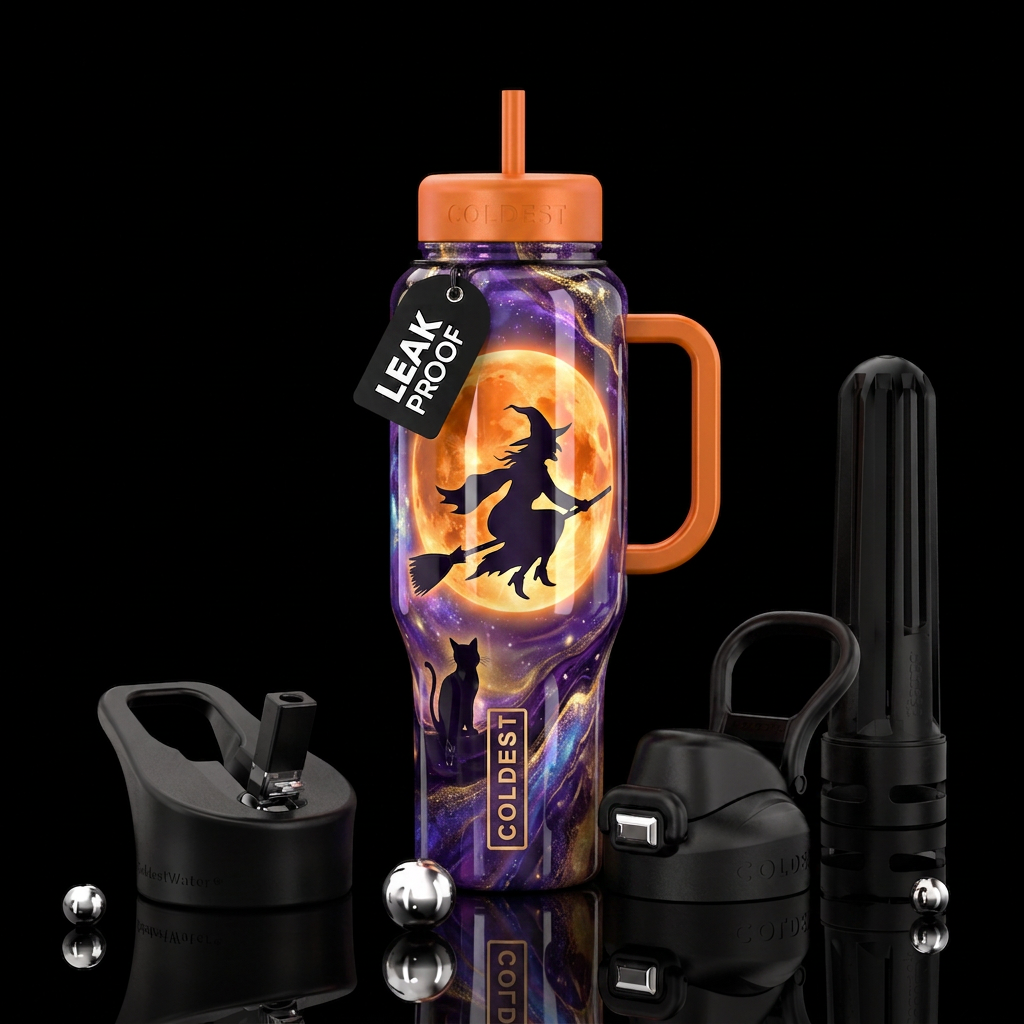 Orange fullmoon, witch, black cat, shiny water bottle design