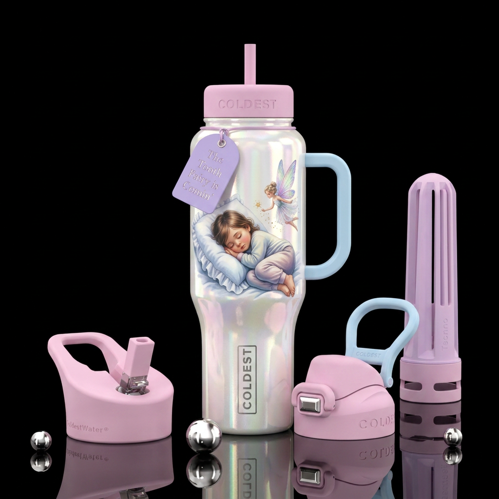 Tooth fairy, pillow, kid sleeping, shiny water bottle design