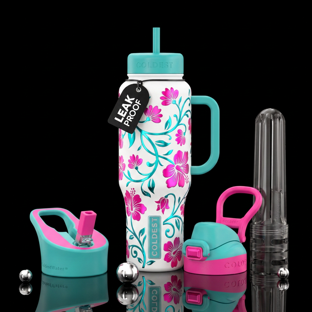 White w/ shiny teal & Bright pink flowers, vine, water bottle design
