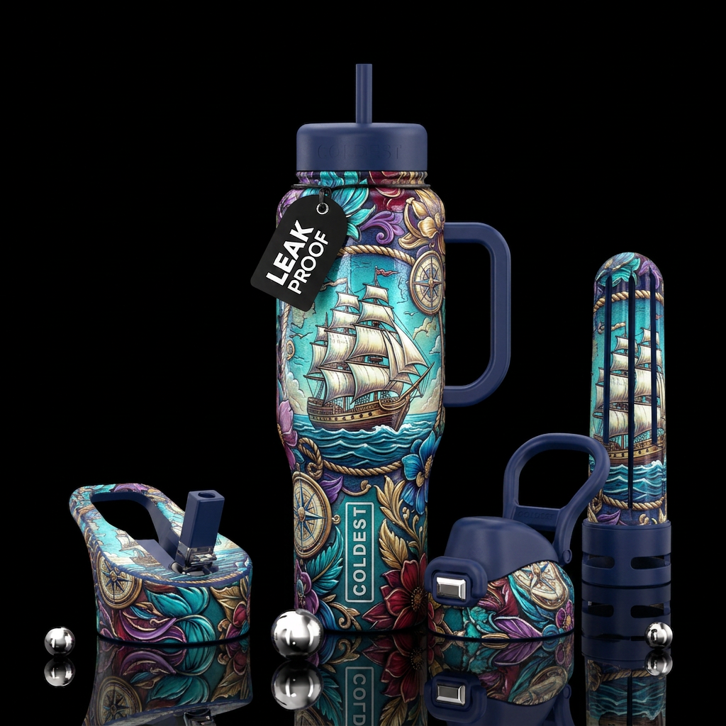 Shiny floral ,textured , Ship, ocean, water bottle design