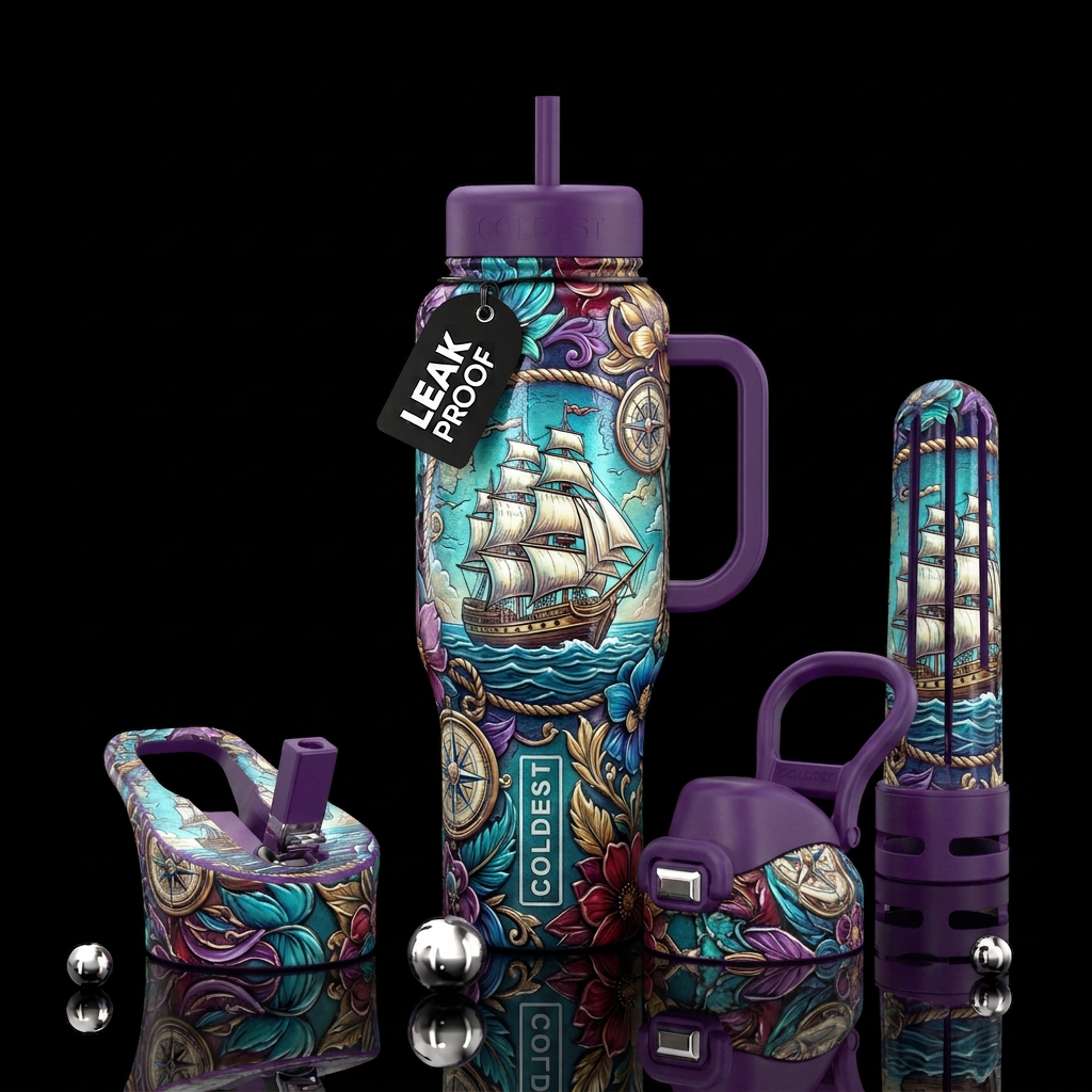 Shiny floral ,textured , Ship, ocean, water bottle design