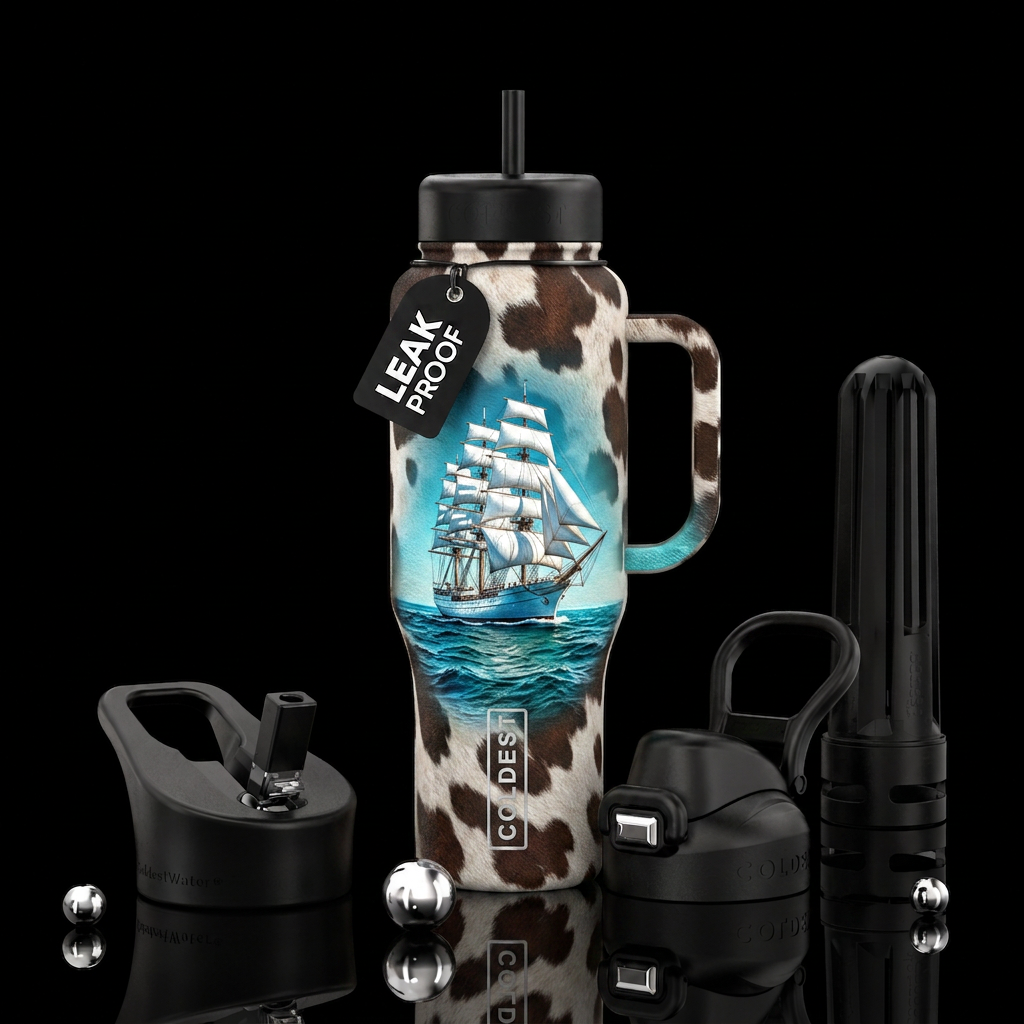 Cow print, shiny ship, ocean, textured water bottle design