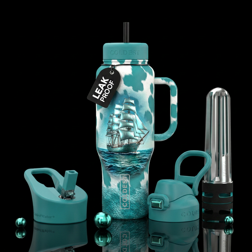 Teal Cow print, shiny ship, rough  ocean, textured water bottle design