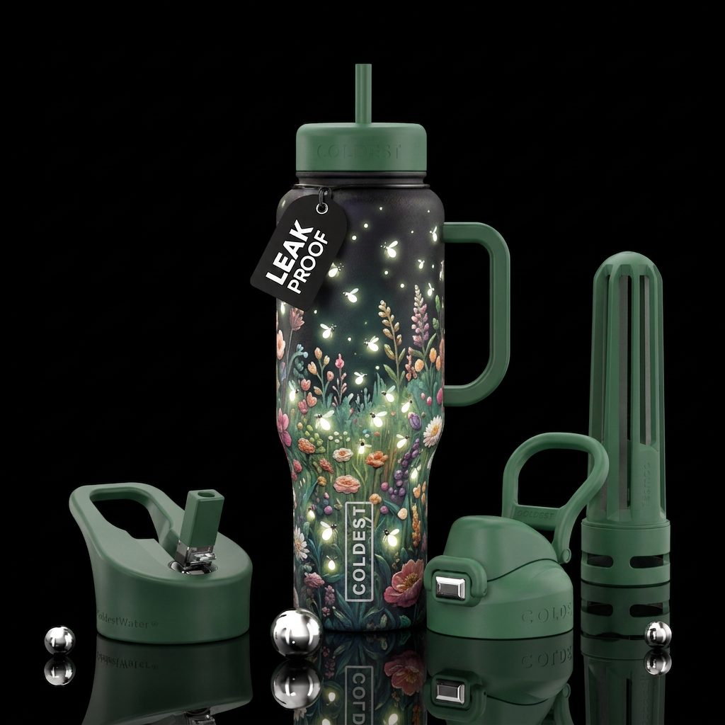 White, Glowie fireflies, textured,  vibrant, garde... water bottle design