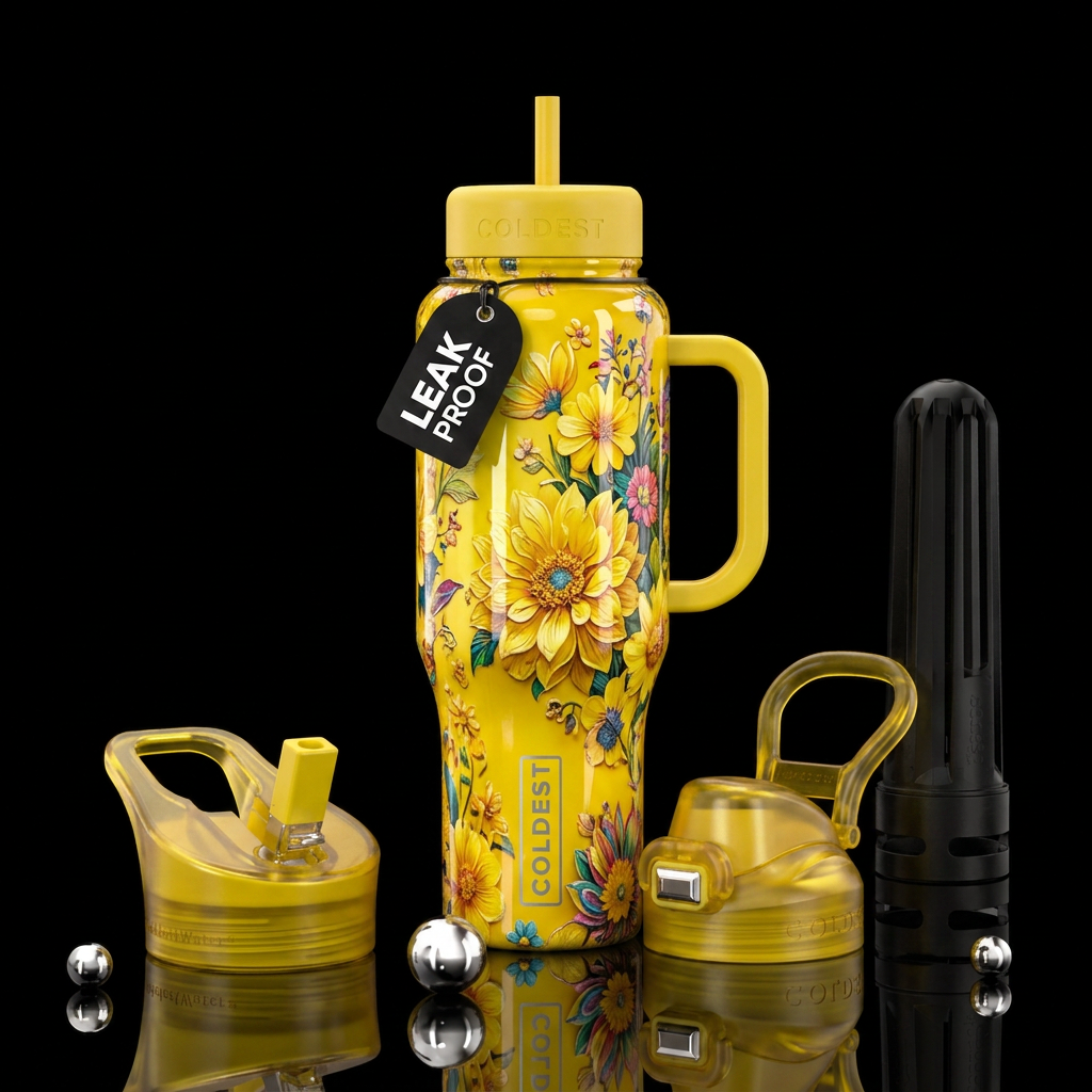 Shiny yellow floral dreams, vibrant,  textured water bottle design
