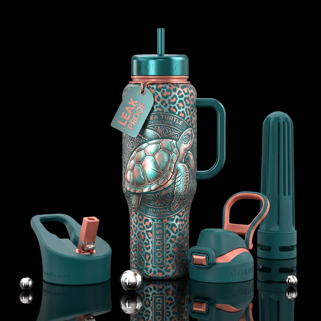 Shiny sea turtle,  teal & coral leopard print text... water bottle design