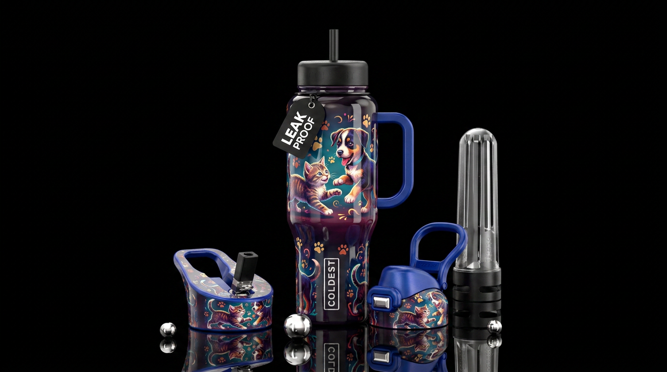 Puppie & Kitten playing, shiny water bottle design