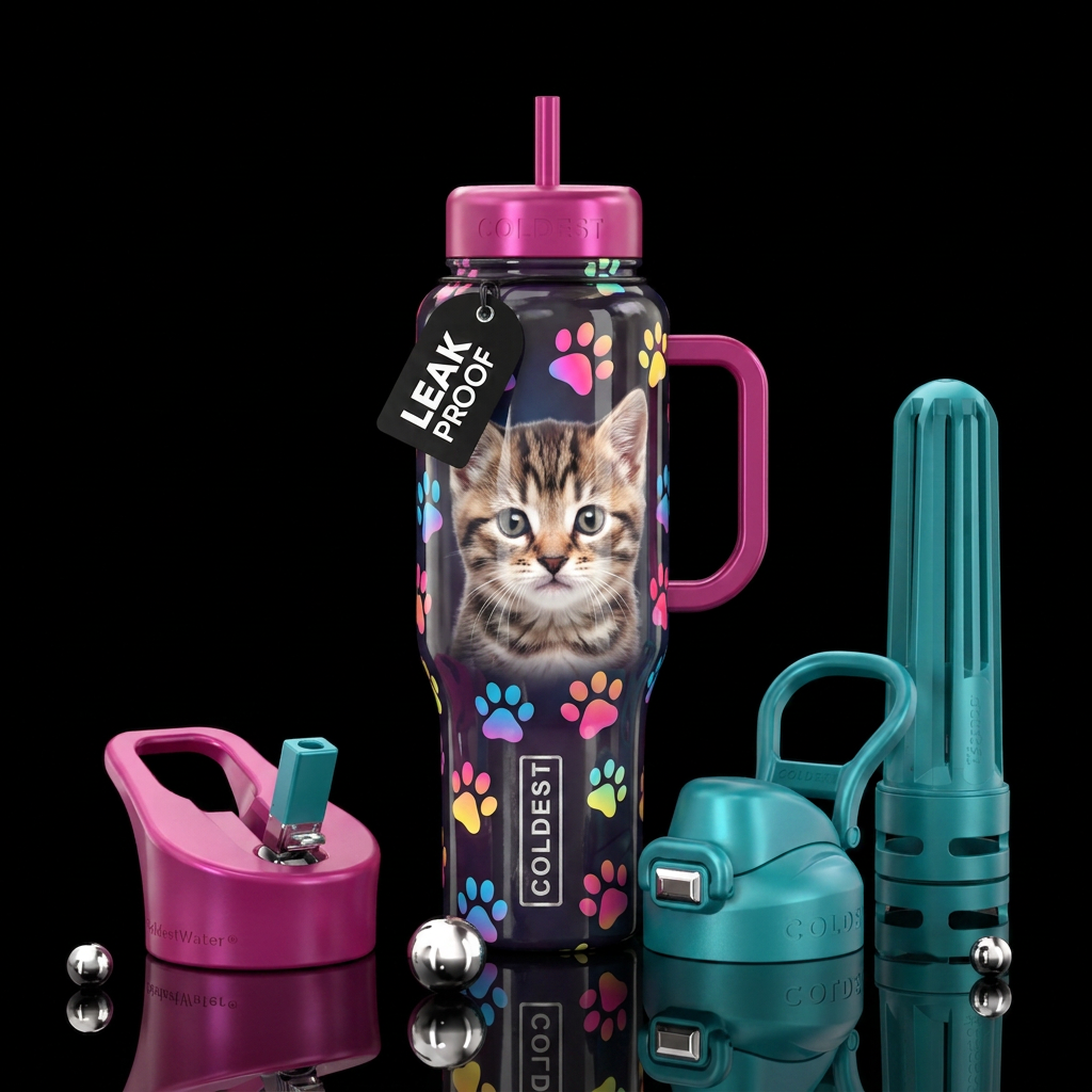 A Kitten, Paw prints, vibrant,  shiny water bottle design