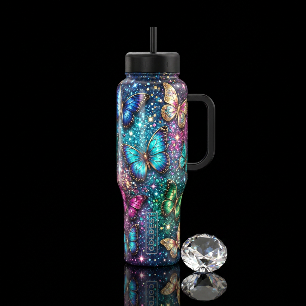 A butterfly, sparkly, realism, abstract, shiny, water bottle design