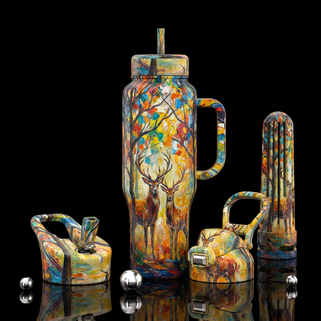 oil painted, abstract, trees, deer water bottle design