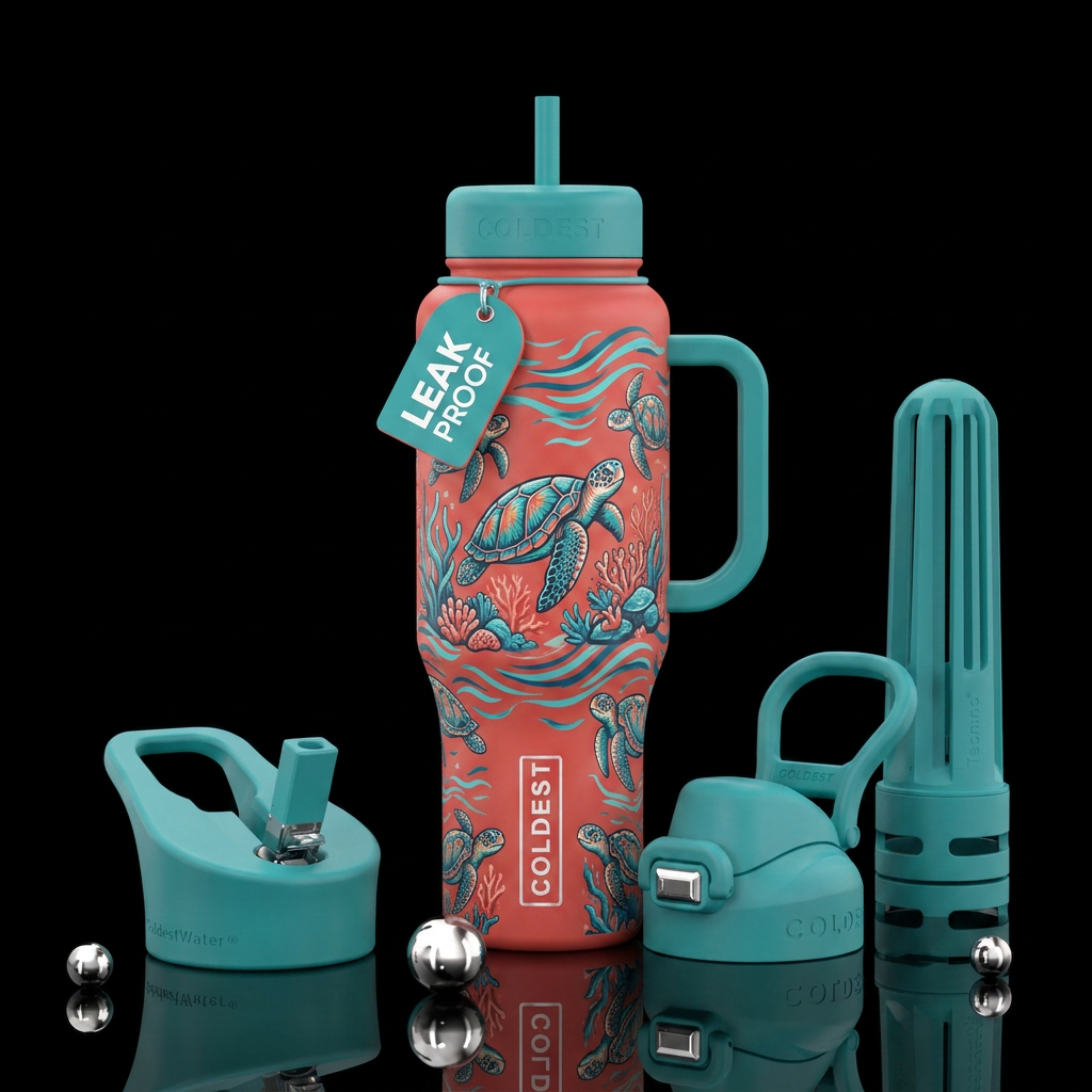 A teal & coral colored sea turtle , vibrant water bottle design