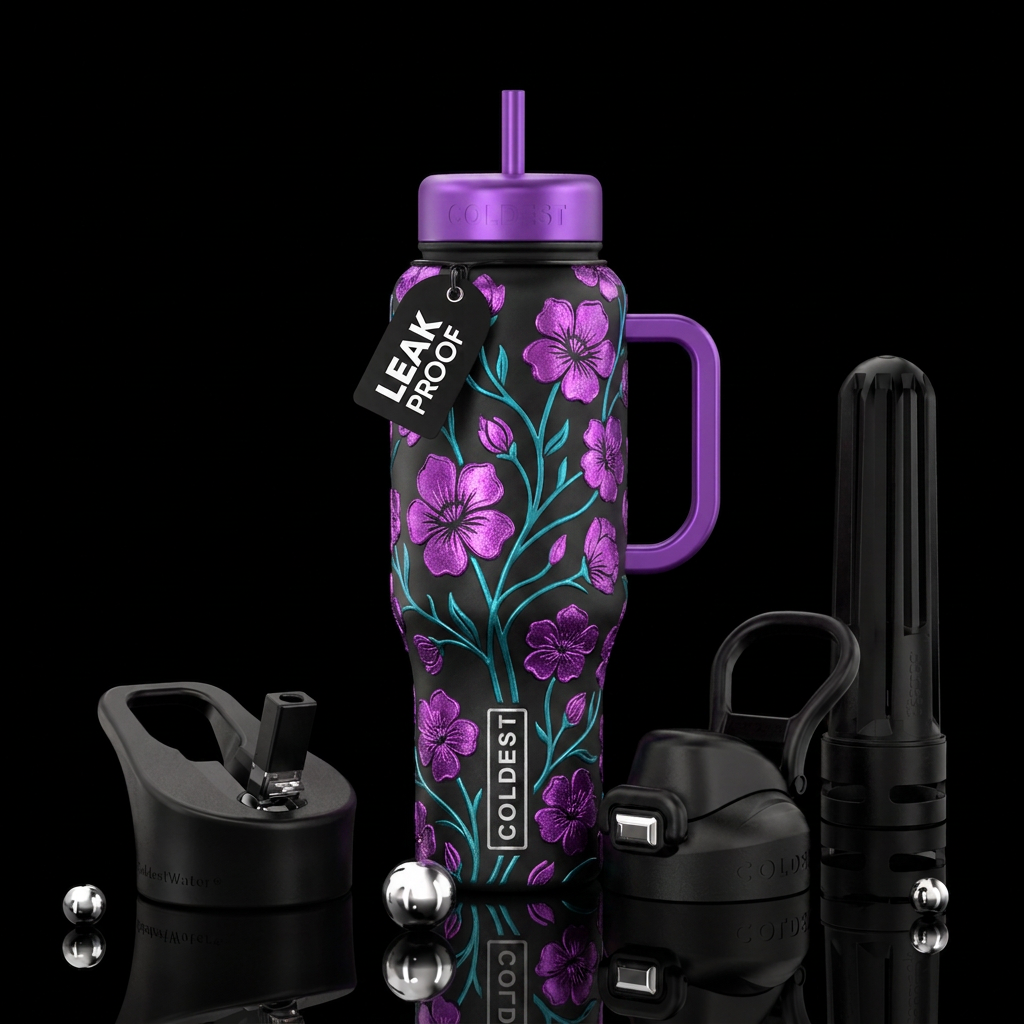 Black bottle w/shiny purple flowers , teal stems, ... water bottle design