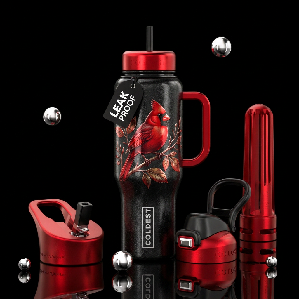 Black shimmery bottle, A shiny red cardinal on a l... water bottle design