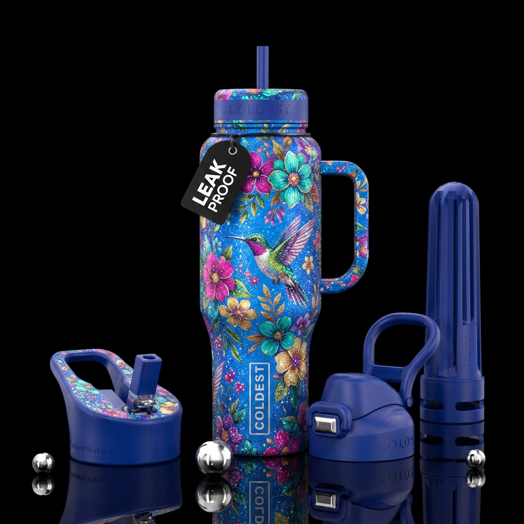 floral, hummingbird, sparkly, beautiul, seamless water bottle design