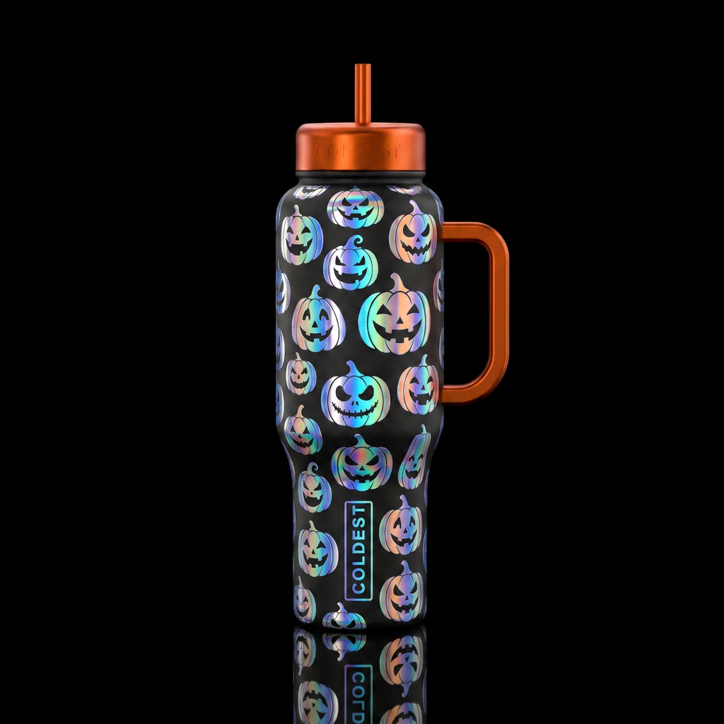 holographic Pumpkins, shiny water bottle design