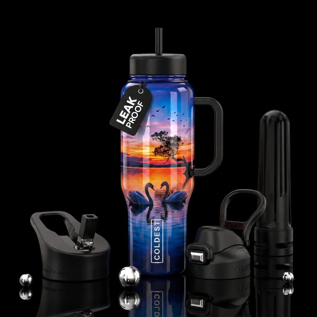 2 Swans, lake, sunset, tree , birds, shiny water bottle design