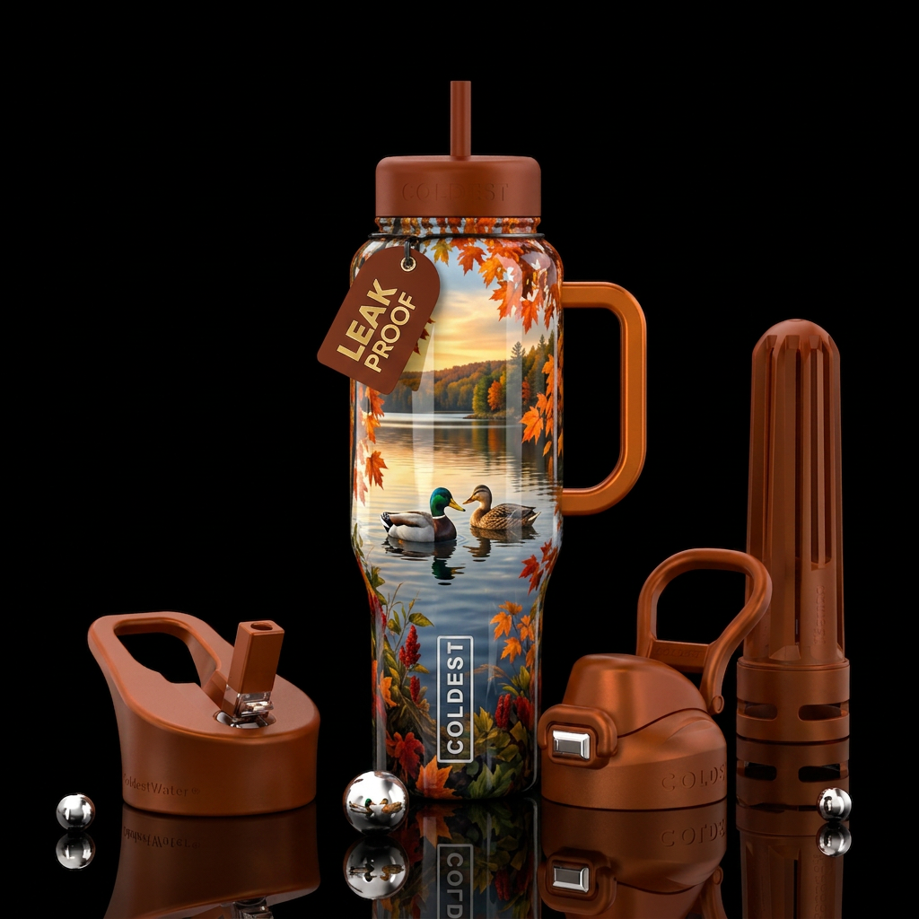 Fall voyage,  Lake, 2 ducks, shiny water bottle design