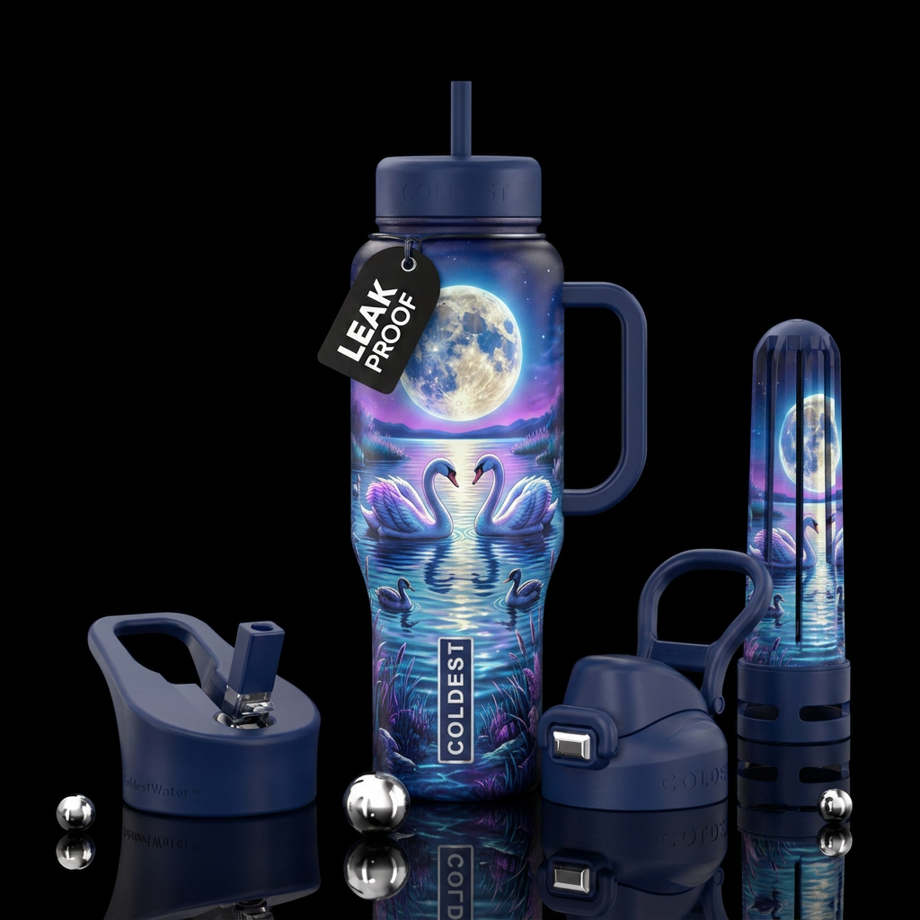 2 swans, Lake, birds, moonlight water bottle design