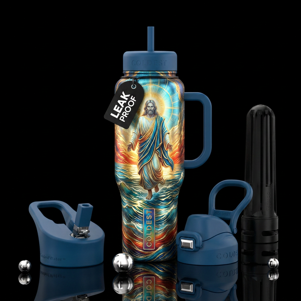 God walking on water vibrant shiny water bottle design